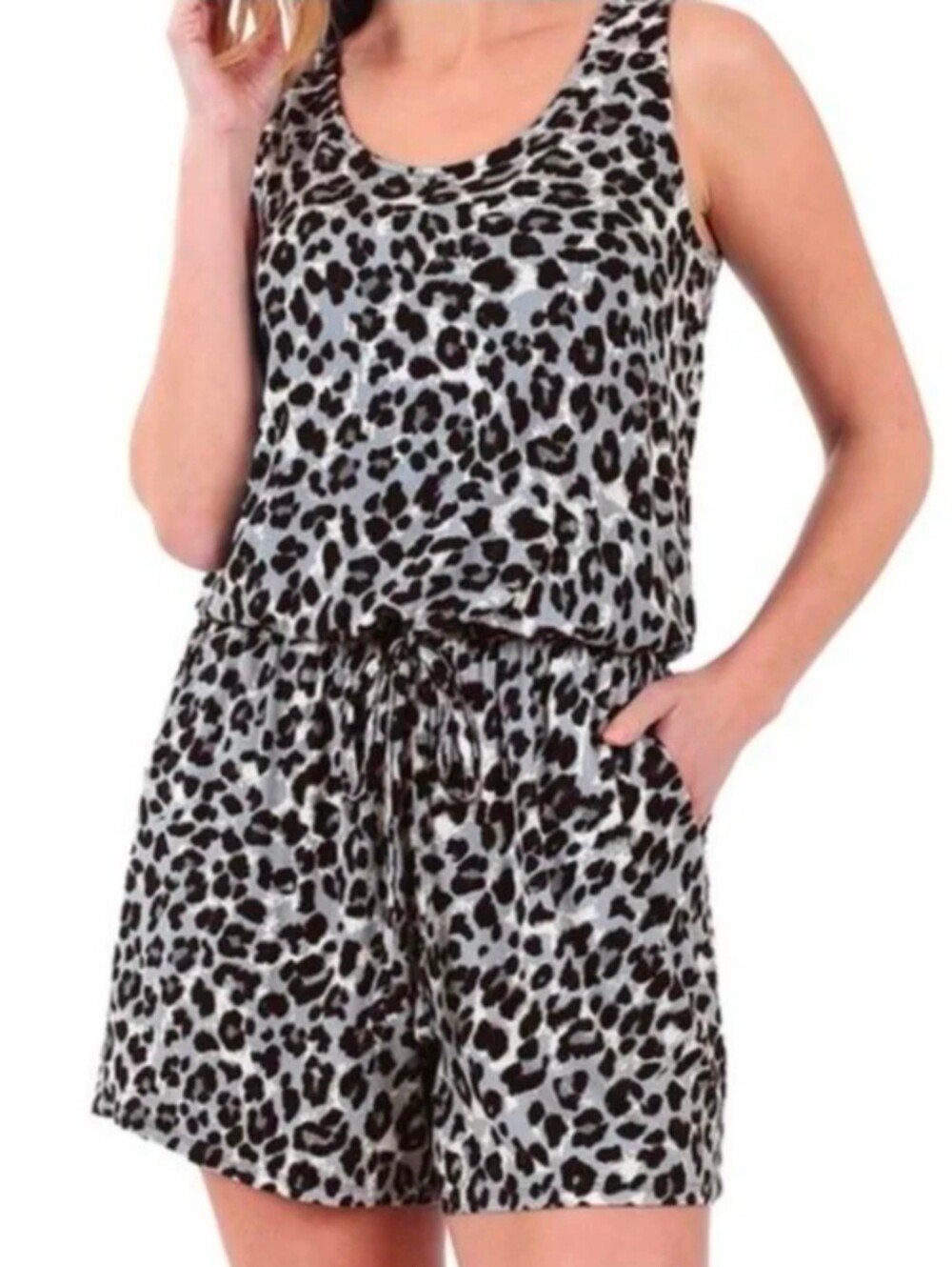 ZENANA Black Gray Tank Top 1 Piece Sleeveless Leopard Print Romper Outfit LARGE